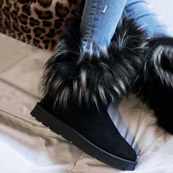 Shoes - Asymmetrical Faux Fur Pull On Boots in Black